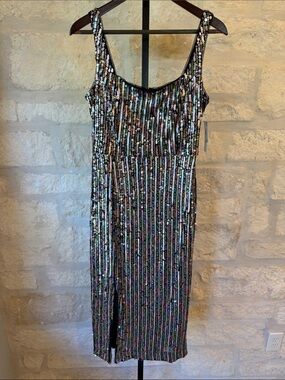 Donna Morgan Black Iridescent Sequin Midi Dress (Blue, Pink)